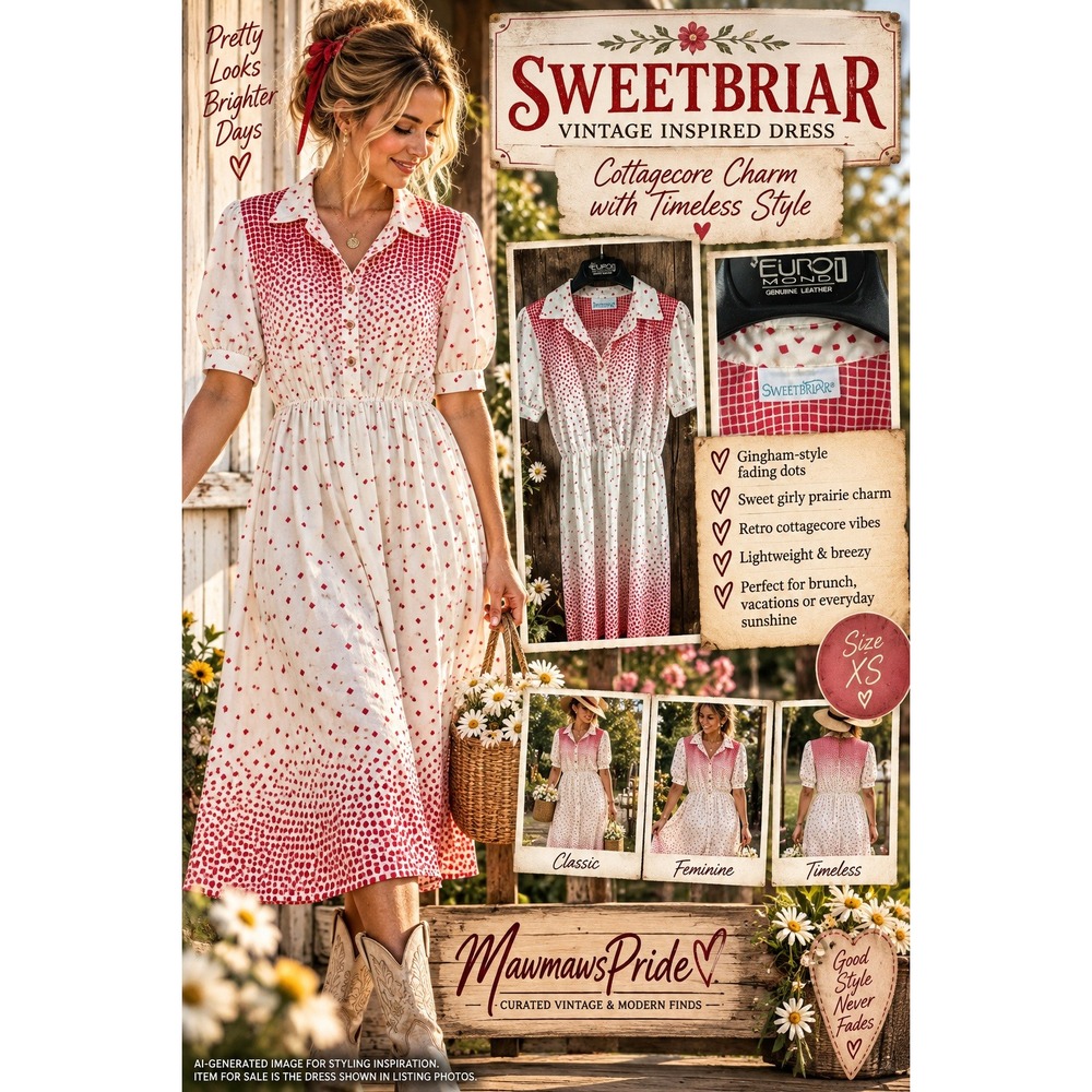 Sweetbriar Vintage Cottagecore Dress Red White Geometric Square Dot Midi 80s 90s